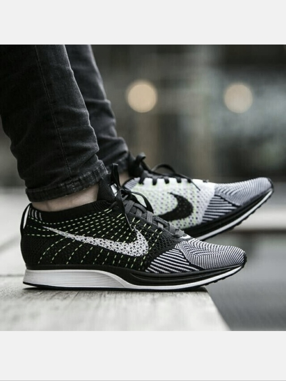 NIKE FLYKNIT Racer Black White Volt Men's US 15 Running Shoes Athletic Sneaker